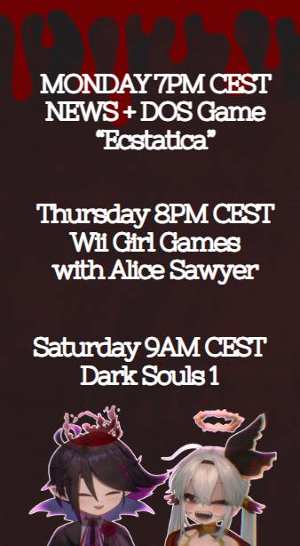 ✨Schedule✨
Trying to stream again this week! Tonight I'm going to be playing a game that looks very "kino". On Thursday it's time to play some Horse Games (and more) with Alice. And on Saturday I'll play a casual amount of Dark Souls 1.