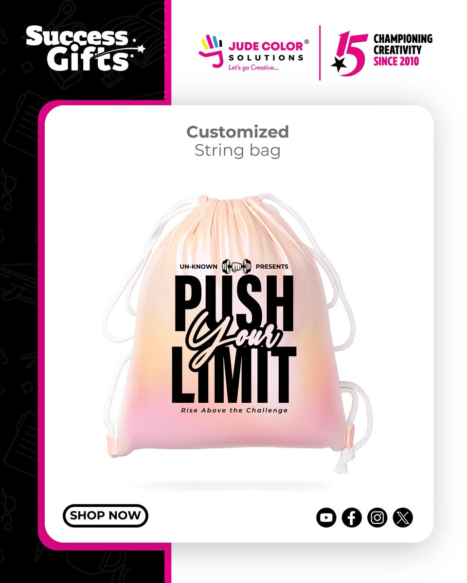 jude_color's tweet photo. Surprise your candidate with a Customized Success Gift like this stylish string bag that says it all – Push Your Limit! 
Celebrate their journey. Motivate their success. 
#SuccessGifts #PushYourLimit #JCS #ExamSeason2025 #15YearsOfChampioningCreativity #LetsGoCreative https://t.co/ECdxCzKIA9
