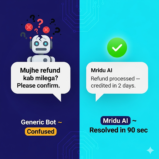 MriduAI's tweet photo. Generic bots break when customers switch between Hindi + English mid-sentence.  

“Mujhe refund kab milega? Please confirm.”  
Most bots: ❌ confused.  
Mridu AI: ✅ refund processed in 90 sec.  
 
#Localization #D2CIndia #CustomerSupport #startupindia https://t.co/SLt2JDfrex