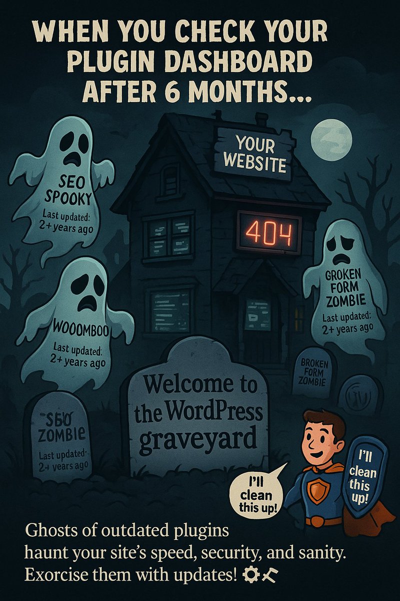 Megannewman99's tweet photo. Outdated plugins are zombies haunting your site. Time for an update.
#WordPress #WordPressMaintenance #WebsiteMaintenance#CyberSecurity #TechHumor #DeveloperHumor #WPAdmin #SaaS https://t.co/qwc8h5e0M0