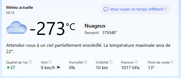 ohdistorei's tweet photo. La météo MSN ce matin... je crois que c'est tout pété xD https://t.co/ppBfxjqRrT