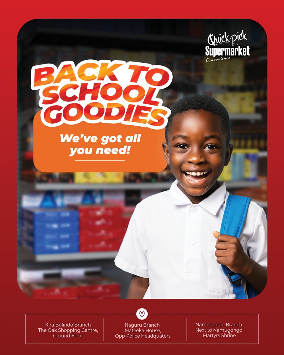 u_quickpick's tweet photo. Back to school is here! Get everything you need for school from any of our branches. From school supplies to groceries and more, we're here to serve you. 
#quickpicksupermarketsug 
#quickpicknamugongo 
#quickpicknaguru 
#quickpickkirabulindo 
#backtoschoolwithquickpick https://t.co/nUzLhsL6dy