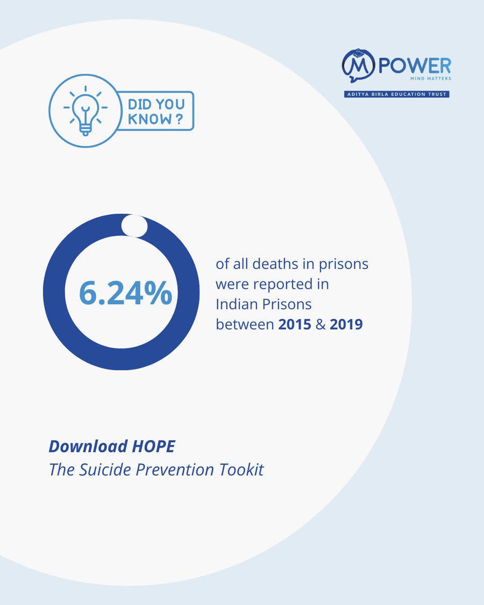 Behind bars, struggles often go unseen. Between 2015–2019, 6.24% of prison deaths in India were linked to suicide. It’s time to extend compassion and support to every corner of society.
Download HOPE - The Suicide Prevention Toolkit: tinyurl.com/bpwj79t2