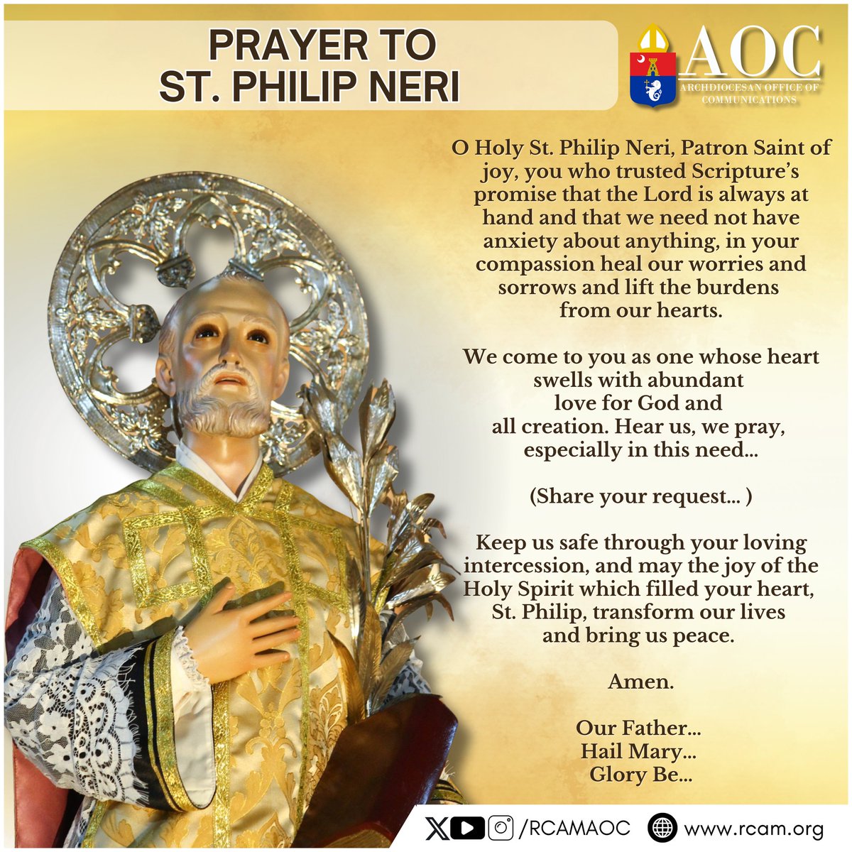 rcamaoc's tweet photo. PRAYER TO ST. PHILIP NERI
#RCAM #AOC
#ArchdioceseofManila
#CatholicCburch
#SaintPhilipNeri https://t.co/baL9VgZLVS