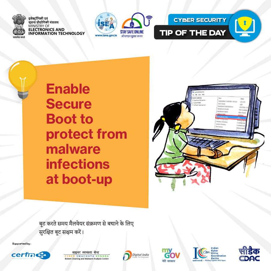 SSOIndia's tweet photo. #Tipoftheday
🔐 Did you know that before your computer even boots up, Secure Boot can stop hidden malware?
🖥️ Protect yourself from boot-up!

#CyberSecurity #DigitalSafety #StaySafeOnline #InfoSec #SecureBoot #CyberAwareness #MalwareProtection #DataSecurity #SystemSafety #ISEA https://t.co/vb5i1sYfPn