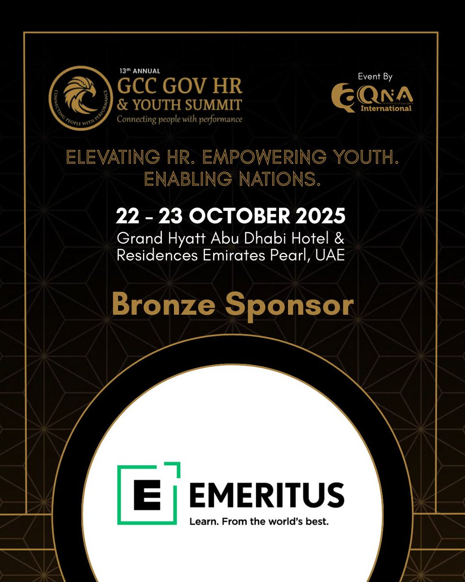 The future of work is now, and Emeritus is leading the charge. 
We’re proud to welcome them as a Bronze Sponsor at the 13th Annual GCC GOV HR &amp; Youth Summit 2025

📅 Oct 22–23 | 🏨 Grand Hyatt Abu Dhabi 

Register your interest: lnkd.in/dAGGRs94

#GOVHR #QnAInternational