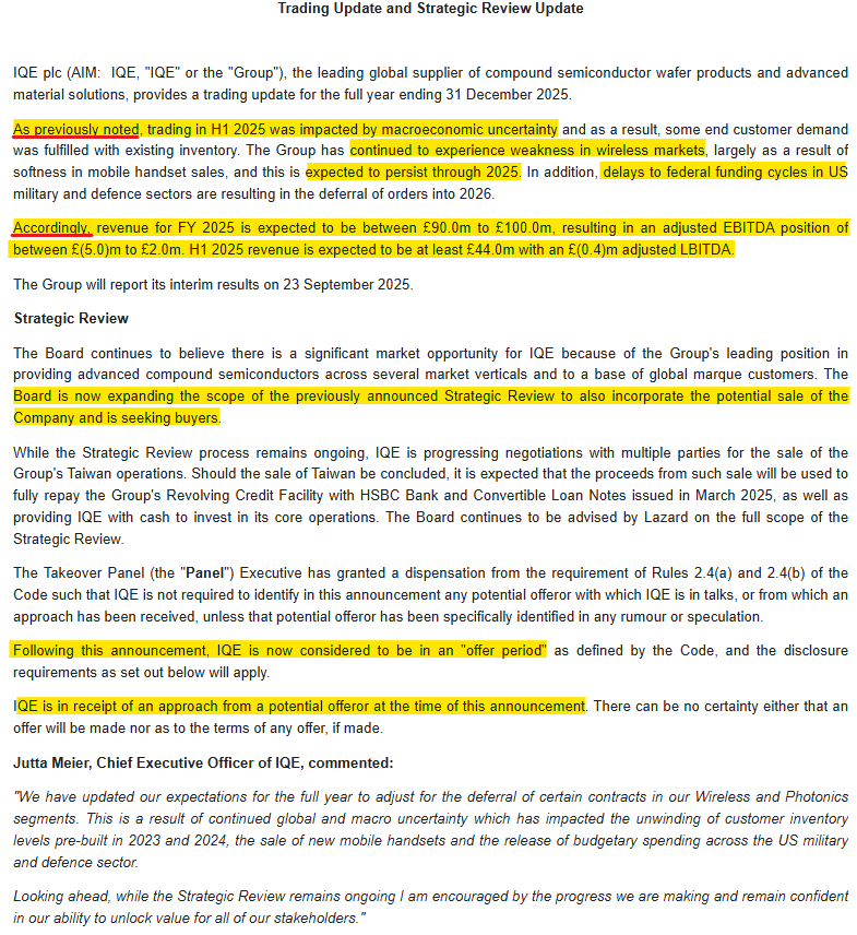 1James1n1's tweet image. #IQE - Trading Update &amp;amp; "Strategic Review"

🚨Latest lack of profits warning unveiled. Downgrades to guidance issued.
➡️Expanding scope of strategic review to include sale of company &amp;amp; is seeking buyers.
➡️Handily, one buyer has already popped up with an approach.
