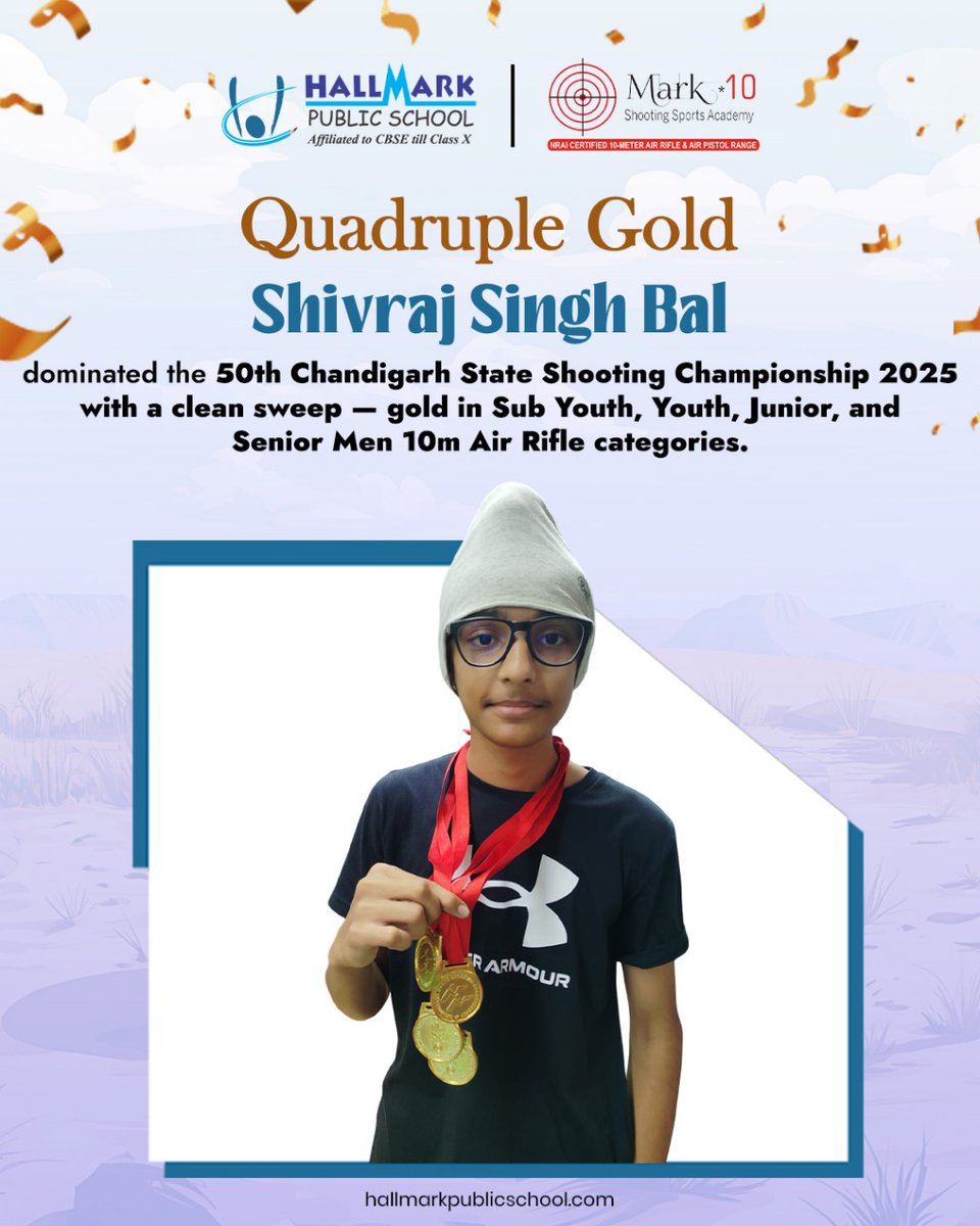 mark10shooting's tweet photo. AShivraj Singh Bal has achieved a clean sweep at the 50th Chandigarh State Shooting Championship 2025 and struck gold in Sub Youth, Youth, Junior, and Senior Men 10m Air Rifle categories, showcasing sheer focus, consistency, and brilliance! 🌟🎯

#Mark10ShootingAcademy https://t.co/gtKMvwKGVA