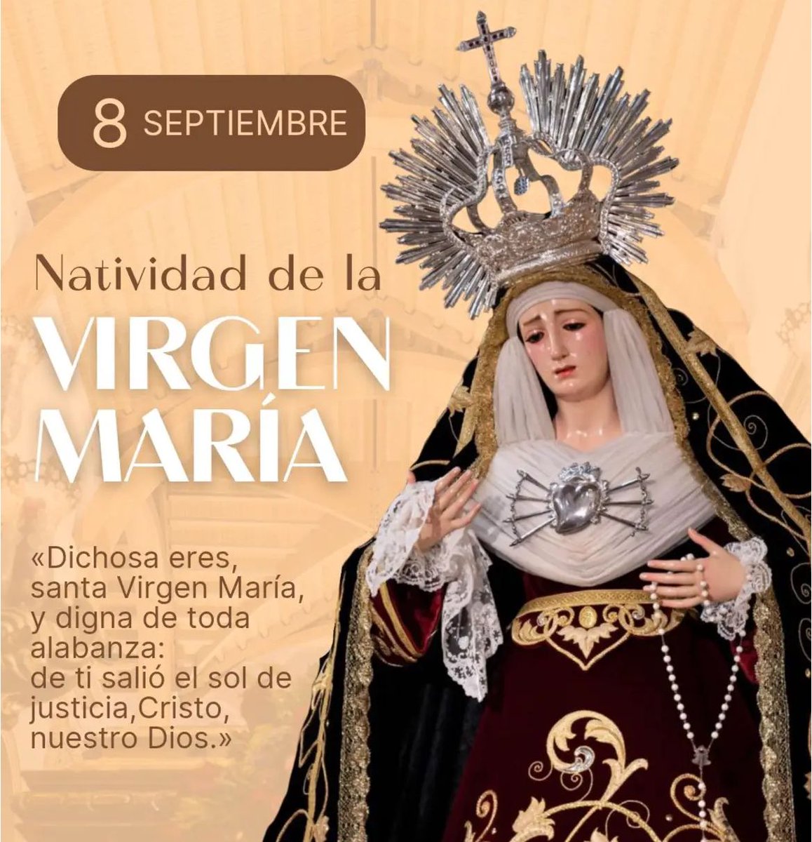 SepulcroSoledad's tweet photo. ⚜️ 𝗡𝗔𝗩𝗜𝗧𝗜𝗗𝗔𝗗 𝗗𝗘 𝗟𝗔 𝗩𝗜𝗥𝗚𝗘𝗡 𝗠𝗔𝗥Í𝗔,
 𝟴 𝗱𝗲 𝗦𝗲𝗽𝘁𝗶𝗲𝗺𝗯𝗿𝗲

 ¡Hoy recordamos el nacimiento de la Santísima Virgen María, Madre de Dios y Madre de la Humanidad!

¡Feliz día de la Natividad de la Virgen!

 #Natividad #María #SoledadDalias https://t.co/cLe2KSwsDj