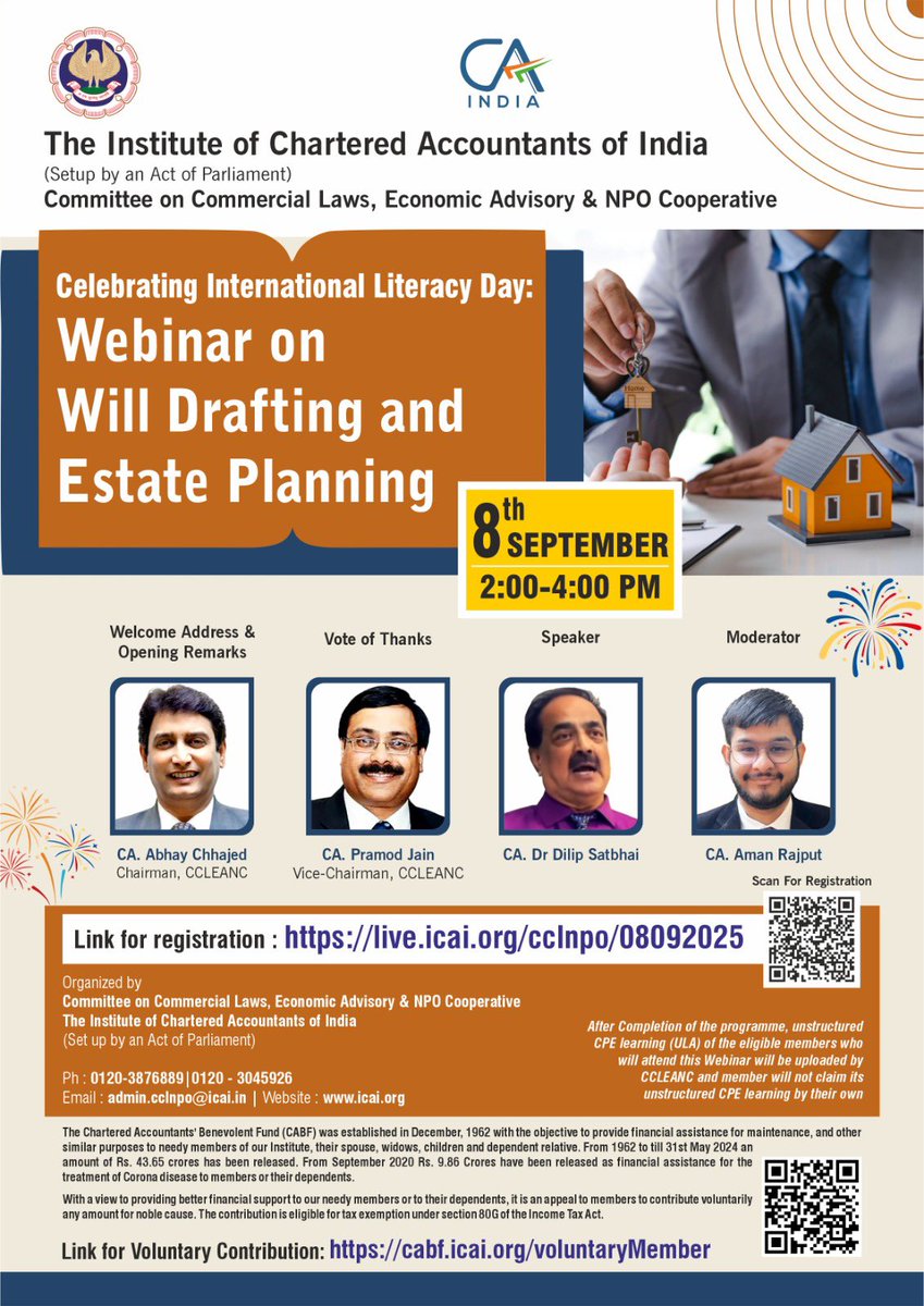 Celebrating international literacy day - Webinar on Will Drafting and Estate Planning on 8th September 2025 from 2 PM - 4 PM, being organised by Committee on Commercial Laws, Economic Advisory &amp; NPO Cooperative of ICAI.

Link for registration: live.icai.org/cclnpo/08092025