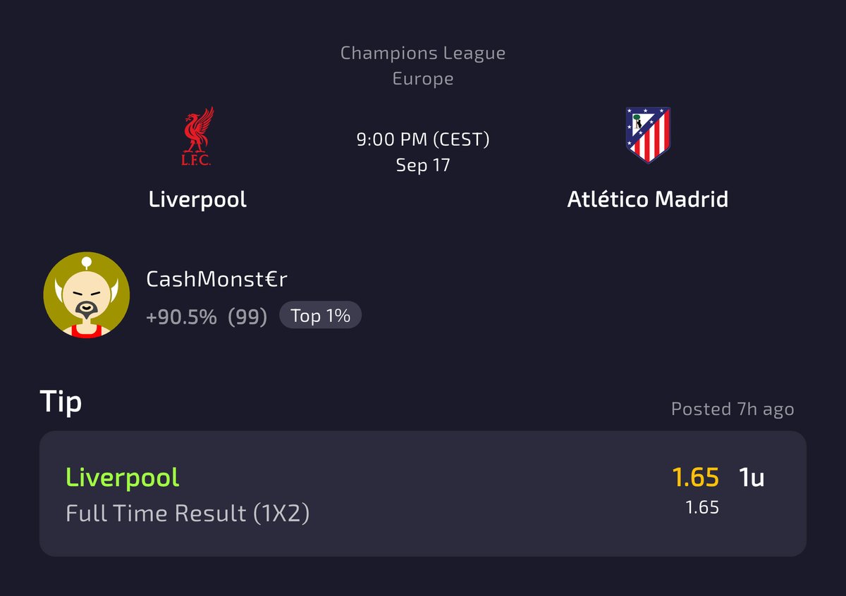 Pick: Liverpool win 🚀
Odds: 1.65
Stake: 1u
Date: Sep 17

Liverpool: Strong defensive record in the Champions League - conceding only 0.93 goals per game, while Atlético Madrid's away performance in European competition remains inconsistent.

In the last 6 encounters, both teams