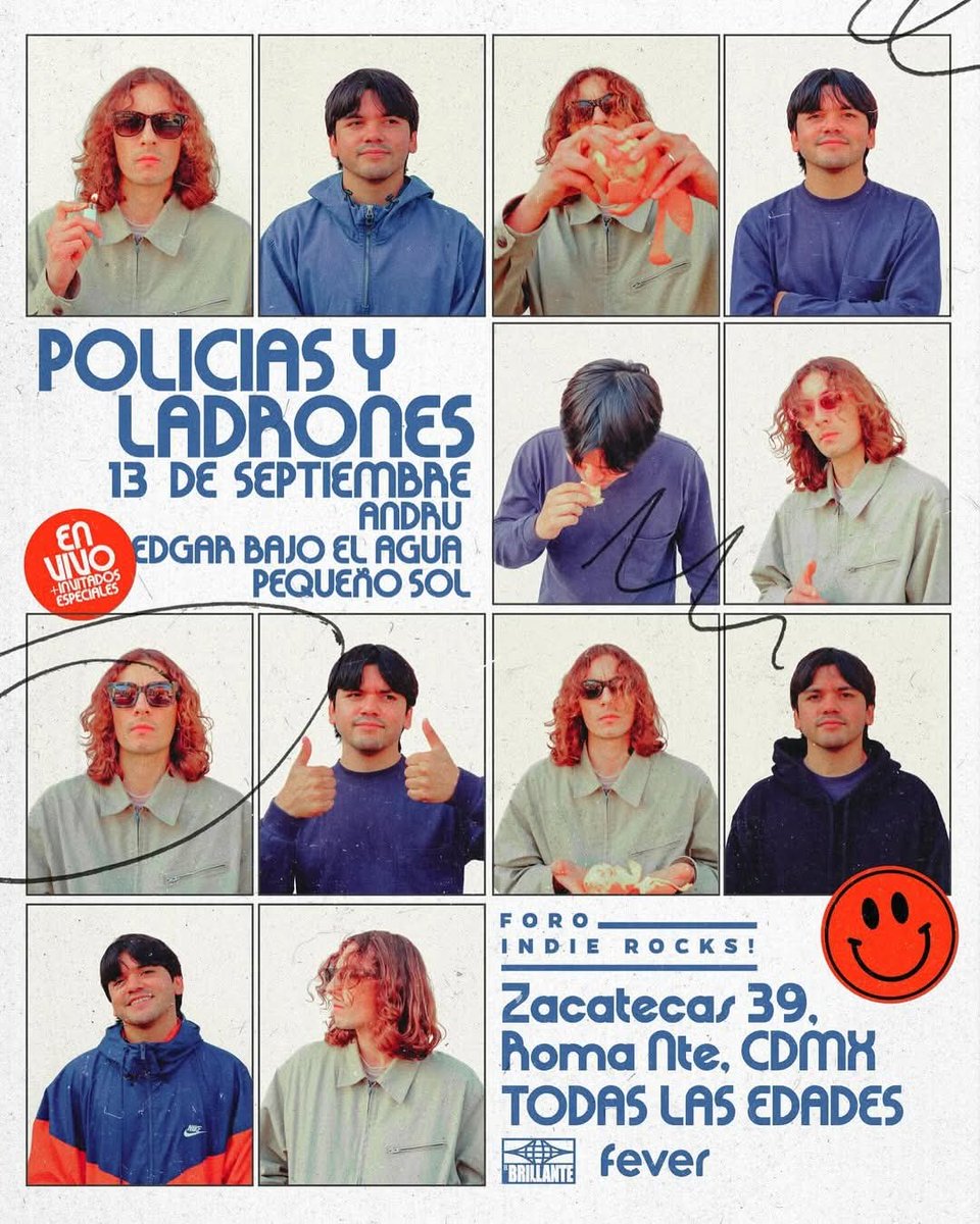 Melancolía, distorsión y emociones a flor de piel. 🌌
Policías y Ladrones regresan a la CDMX acompañados por Andru, Edgar bajo el agua y Pequeño Sol.
📅 13 de septiembre
📍 Sala B – Foro Indie Rocks!
🎟 Boletos ya en Fever.