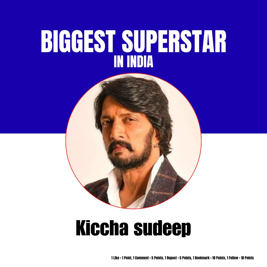AsianBoxOffice's tweet photo. National Poll: BIGGEST SUPERSTAR IN INDIA? 🏆 

Vote if you Support: @KicchaSudeep #MarkTheFilm

Rules: 
1 Like = 1 Point 
1 Comment= 2 Points 
1 Repost = 5 Points 
1 Follow = 5 Points 
1 Bookmark= 3 Points 

Winner Announcement On Tomorrow At 6PM 🏆 https://t.co/HL6FgiQtLx