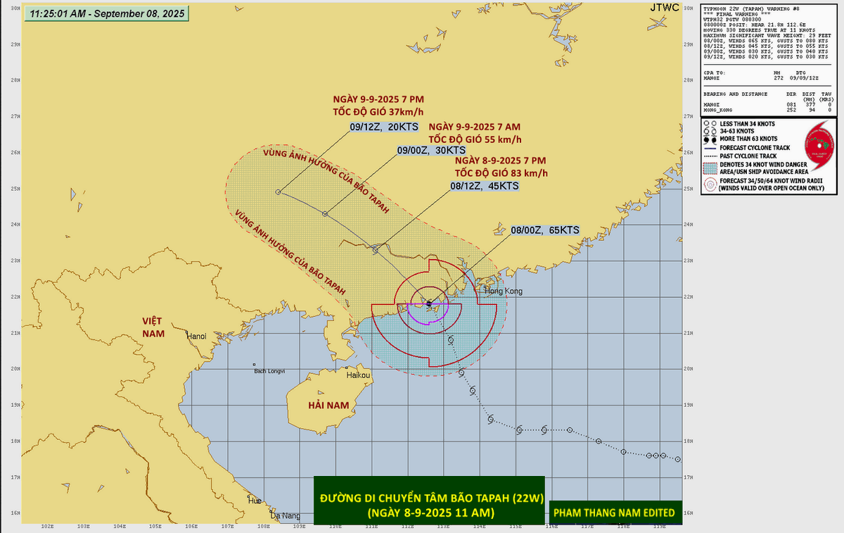 Path of the eye of tropical storm "TAPAH" updated. Storm eye has hit the coast of YANGJIANG city, GUANGDONG sooner, at 7 a.m. on Sept. 8, 2025 with wind speed of 120 km/h.