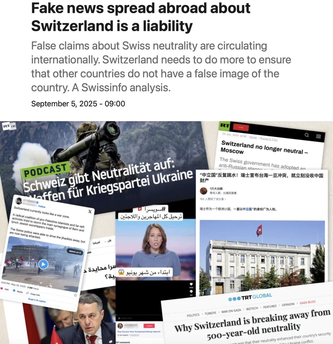 中共利用社交媒體在中共及全球華人圈大肆散布關於瑞士的虛假信息，誇大瑞士的治安問題及種族歧視，扭曲瑞士中立立場，特別是散播中共學生受歧視和瑞士金融配合美國制裁的謠言，嚴重損害瑞士國際形象。瑞士政府多次澄清並呼籲停止散播虛假信息，但中共的信息戰仍對瑞士社會信任和外交自主造成挑戰。