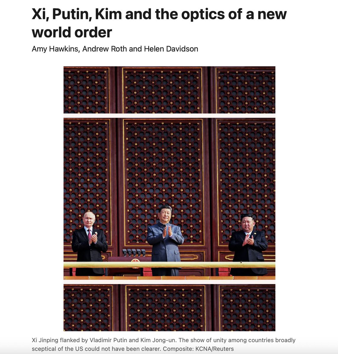 英國綜合性媒體《衛報》發佈長文評論中共「九三閱兵」，尤其是中共主席習近平、北韓最高領導人金正恩（Kim Jong-un）、以及俄羅斯總統弗拉基米爾·普丁（Vladimir Putin）的首次公開聚首意在對抗美國主導的世界秩序。

patreon.com/posts/zhong-e-…