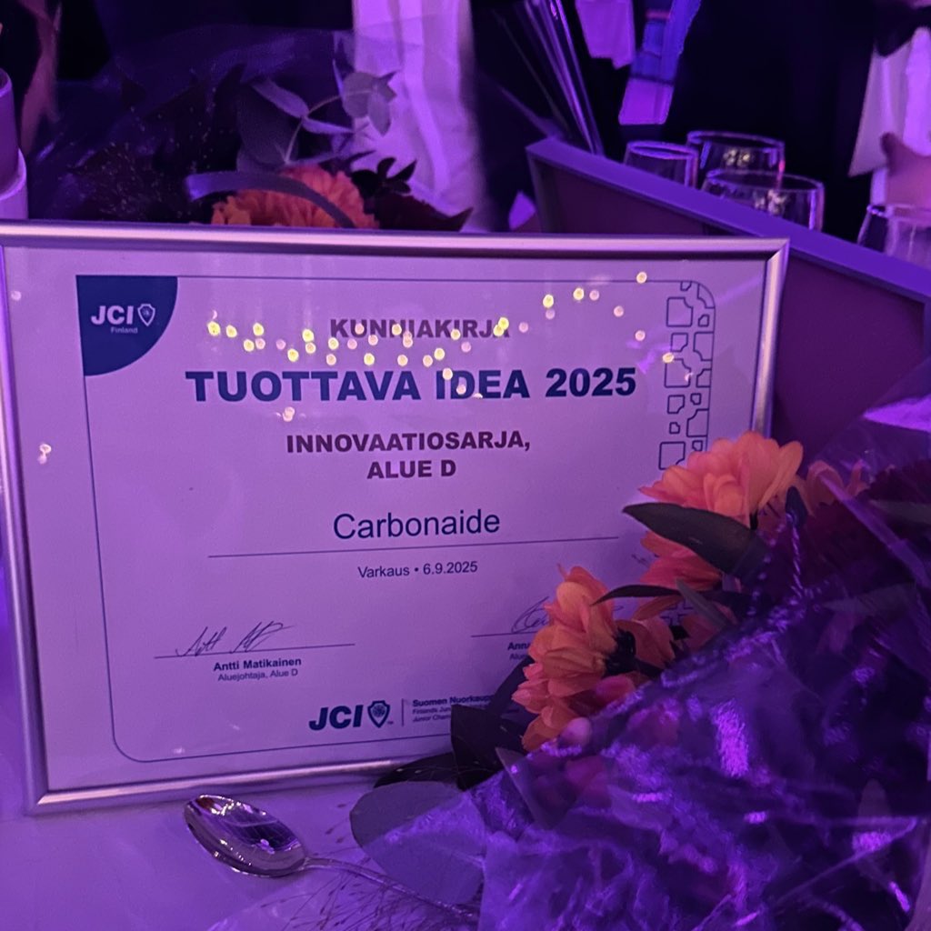 Kävipä niin että Nuorkauppakamarin Itä- ja Pohjois-Suomen alue D palkitsi <a href="/Carbonaide/">Carbonaide</a>'n Tuottava Idea-kisassa lauantaina Varkaudessa. Tästä jatketaan mm. JCI:n ja Nasdaqin järkkäämään kisan finaaliin.

Iso arvostus tälle tunnustukselle ja aktiivisille nuorkauppakamarilaisille.