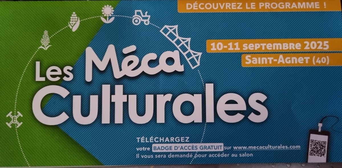 Présent le 10 septembre a Saint Agnet
Les Méca-Culturales salon a venir découvrir 
Badge gratuit ici lesculturales.com
#Agriculture #FrAgTw #arvalis #MécaCulturales