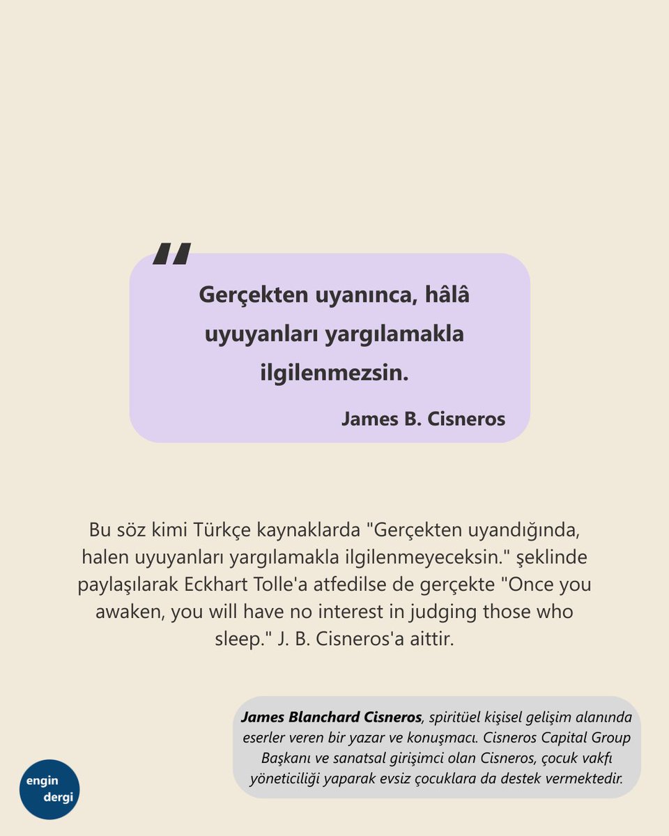 “Gerçekten uyanınca, hâlâ uyuyanları yargılamakla ilgilenmezsin.” James Blanchard Cisneros
<a href="/Chosen2Remember/">James B. Cisneros</a> #GününSözü