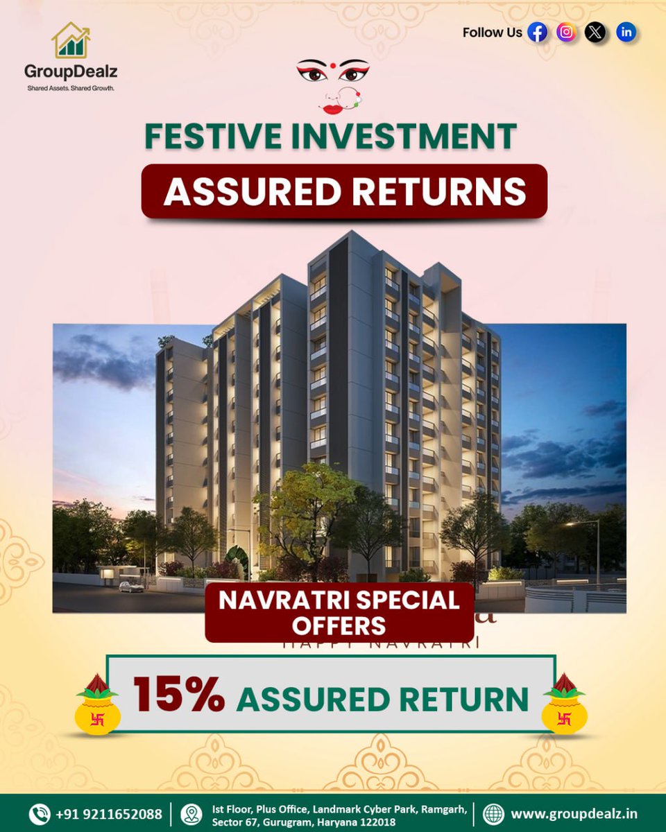 thegroupdealz's tweet image. Make this Navratri a prosperous beginning with GroupDealz!

Invest smartly and enjoy 15% Assured Returns with our Festive Investment Offer.

Call us: 9211652088
Visit Now: groupdealz.in

#GurgaonRealEstate #InvestInGurgaon #GurgaonProperty #GroupDealz