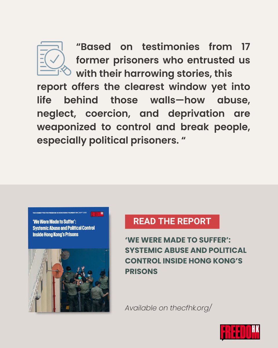 The Committee for Freedom in Hong Kong Foundation (@thecfhk) on Twitter photo 🚨MAJOR REPORT: Authors <a href="/SamuelBickett/">Samuel Bickett</a> & <a href="/frances_hui/">Frances Hui 許穎婷</a> interviewed dozens of former prisoners to expose systemic abuse of prisoners in #HongKong, including:
- Prolonged, illegal use of solitary confinement and coercion of inmates to secure their consent
- Routine beatings & 🚨MAJOR REPORT: Authors <a href="/SamuelBickett/">Samuel Bickett</a> & <a href="/frances_hui/">Frances Hui 許穎婷</a> interviewed dozens of former prisoners to expose systemic abuse of prisoners in #HongKong, including:
- Prolonged, illegal use of solitary confinement and coercion of inmates to secure their consent
- Routine beatings &