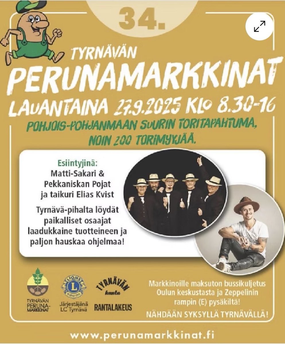 TyrnavanKehitys's tweet photo. Tyrnävä tunnetaan puhtaasta perunasta. Perunamarkkinat ovat alkujaan alueen sadonkorjuujuhla, mutta vuosien varrella tapahtuma on kasvanut yli 10 000 vierailijan monipuoliseksi markkinatapahtumaksi. Tervetuloa Pohjois-Pohjanmaan suurimpaan toritapahtumaan! https://t.co/rLqxFlZqcJ