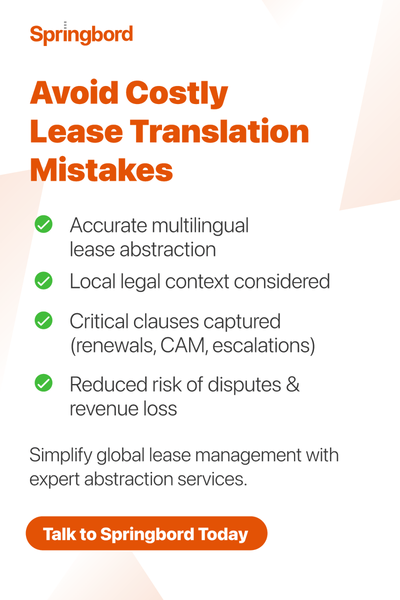 Springbordsys's tweet image. 🌍 Global lease portfolios come with a hidden risk: language.
Misinterpreted clauses = revenue loss, disputes &amp;amp; liability.

✔ Springbord’s multilingual experts ensure accuracy across regions.
springbord.com/real-estate/le…

#LeaseAbstraction #CRE #RealEstate #Springbord