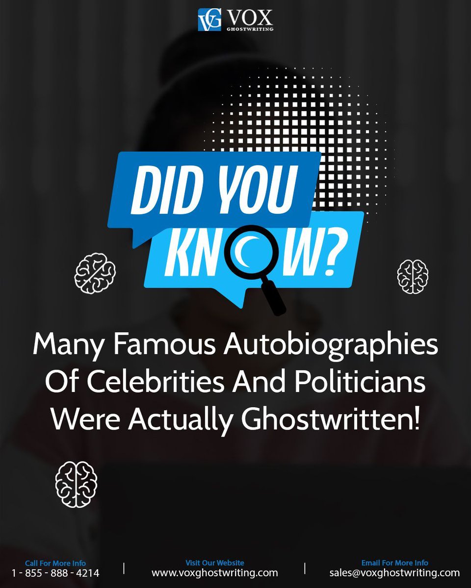 GhostwritingVox's tweet image. 🤯 Fun Fact: Many celebrity &amp;amp; politician memoirs are ghostwritten! From business moguls to Hollywood stars, expert ghostwriters help craft compelling stories. Need yours told? We’ve got you! voxghostwriting.com

#VoxGhostwriting #GhostwritingFacts #CelebrityBooks #BookTrivia