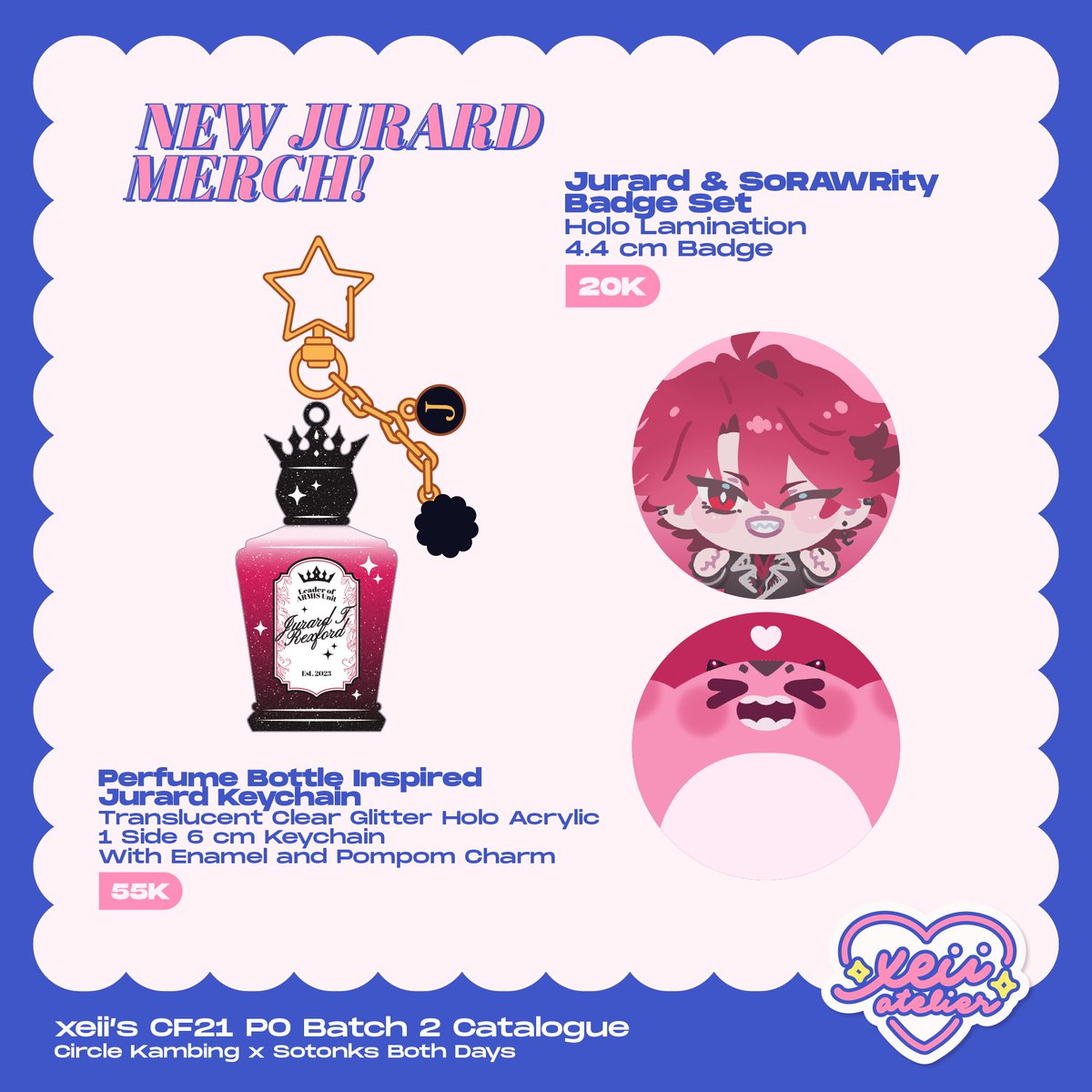[🔁&amp;❤️ are very appreciated!]

Hiii! 2nd Batch for pre-order of my merch for CF21 is now open! 💖
🗓️ 8-16 September 2025
📍 Both Days (Pick Up Only)
💖 Umamusume, Holostars EN (Jurard) 🦖 
🔗 bit.ly/xeiiCF21PO2

#CF21 #comifuro21 #CF21catalogue (1/3)