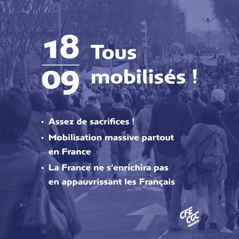 FIECI's tweet photo. 📢 [18 SEPTEMBRE – JOURNÉE DE MOBILISATION]
La CFE-CGC dit NON à une austérité injuste et inefficace

Nos revendications :
✅ Une politique budgétaire équitable
✅ Un vrai dialogue social
✅La défense de notre modèle social
✅ La reconnaissance du rôle de l’encadrement https://t.co/JuljLAp7If