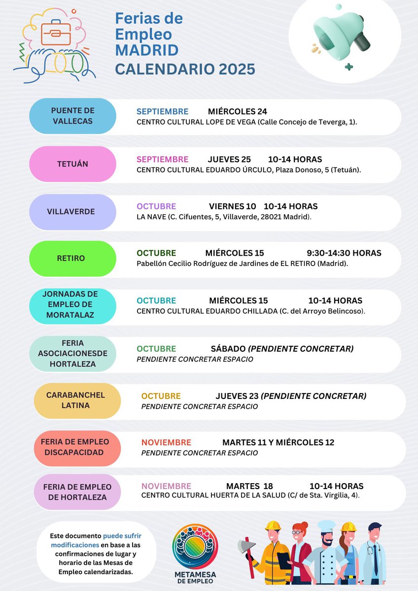 Las Ferias de Empleo son una oportunidad única para el contacto directo con empresas y entidades. Un espacio donde entregar tu CV en mano, crear redes y abrir nuevas puertas laborales. Organizadas por las Mesas de Empleo de lo distritos y la <a href="/aempleomadrid/">Agencia para el Empleo del Ayuntamiento de Madrid</a> 

#ApoyoEmpleoMadrid