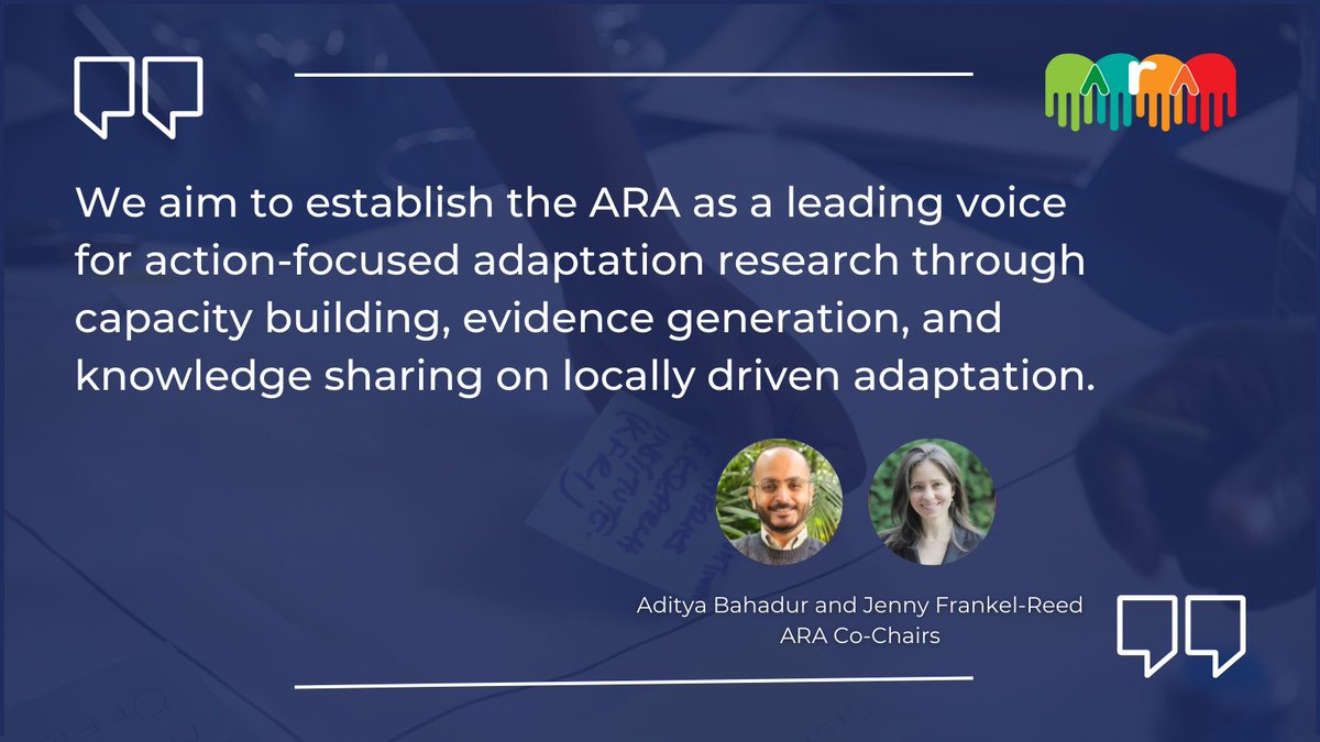 🎊 Exciting news from ARA!  
 
Aditya Bahadur &amp; Jenny Frankel-Reed are the new Co-chairs of our Steering Board! Read about their priorities for the ARA and new opportunities for members in our latest newsletter 👉buff.ly/93Zi5kj 

#AdaptationResearchAlliance #ARACoChairs