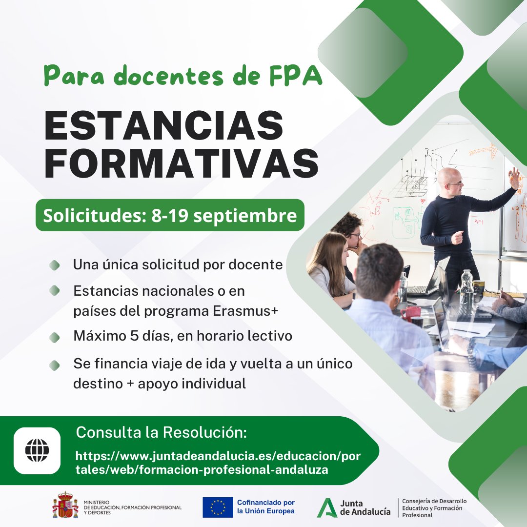 🟢 ¡Docentes #FPAndaluza! ¿Quieres actualizar tu formación y reforzar tus competencias profesionales?  
🗓️Hasta el 19 de septiembre, solicitud de estancias formativas en otros centros para el primer trimestre del curso 2025/2026. <a href="/EducaAnd/">Consejería Desarrollo Educativo y FP</a> #FSEPlus
🔗juntadeandalucia.es/educacion/port…