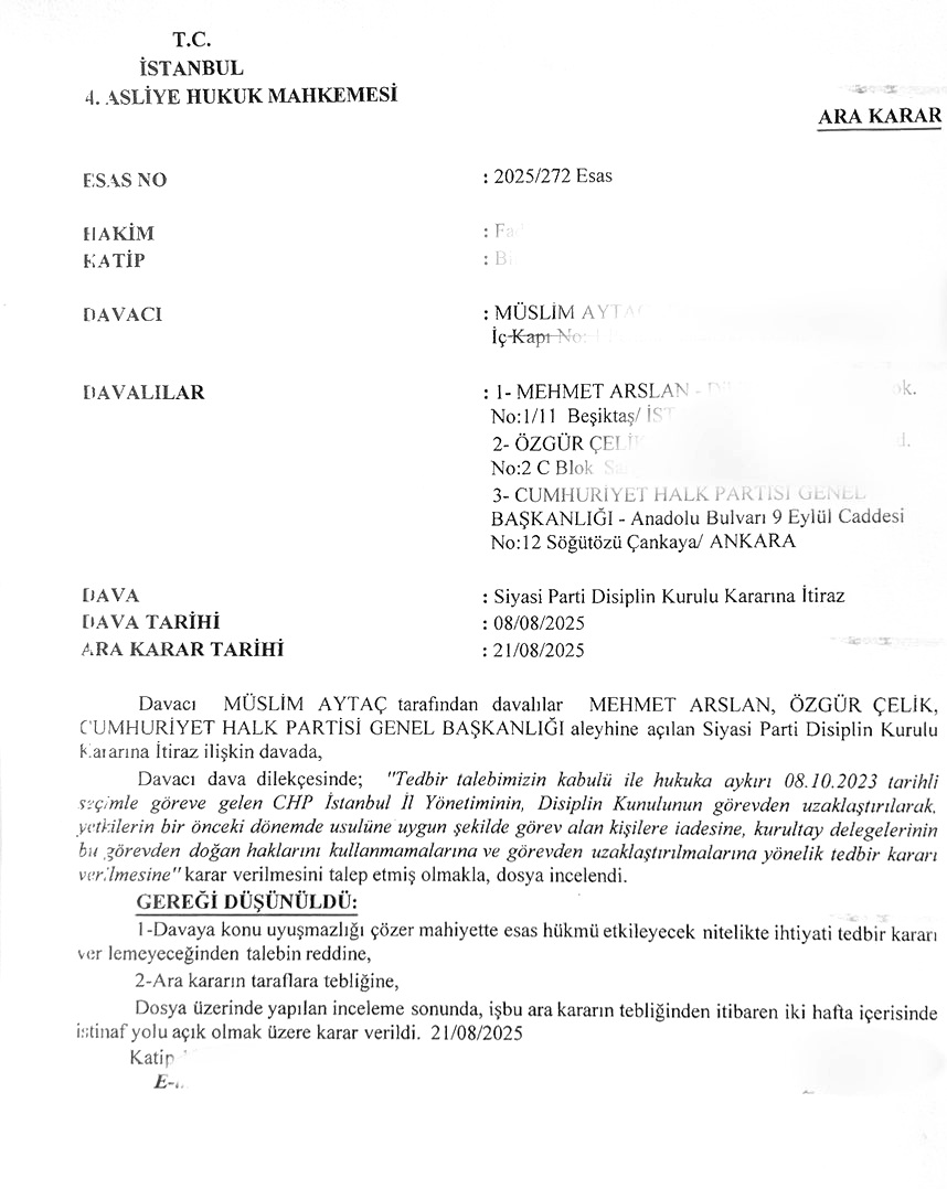 İstanbul 45. Asliye Hukuk Mahkemesi kararından önce, aynı konudaki başvuruyu İstanbul 4. Asliye Hukuk Mahkemesi reddetmiş.
Aynı konuda iki dava açılabilir mi?
Açılamaz.
Sorsan hukuk var!
#CHPTeslimAlınamaz