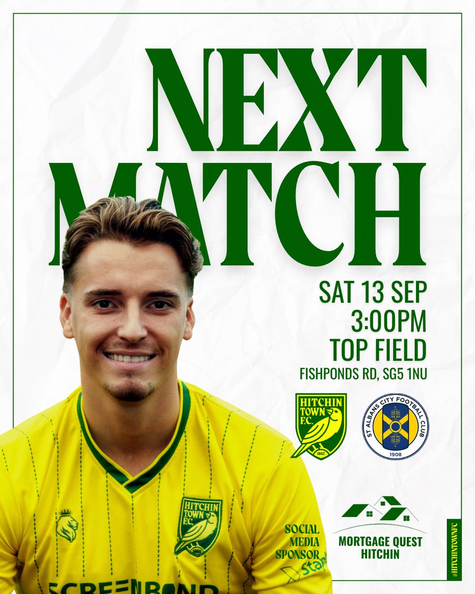 NEXT UP!

It’s back to the <a href="/EmiratesFACup/">Emirates FA Cup</a> and we welcome <a href="/stalbanscityfc/">St Albans City FC</a> for the Second Qualifying Round.

Please note season tickets are not valid.

For lowest prices and fastest entry buy your tickets online here:
🔗 hitchintownfc.ktckts.com/event/hit2526f…