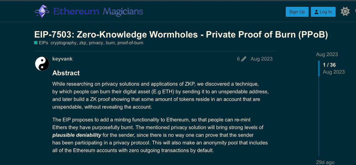 EIP 7503 

A better alternative for Tornado Cash. 

You send your ETH to a random UNSPENDABLE address, generate a proof for the same and use the proof to mint ETH from any address.
=> No one can PROVE that you used the protocol and that your sender and receiver address are