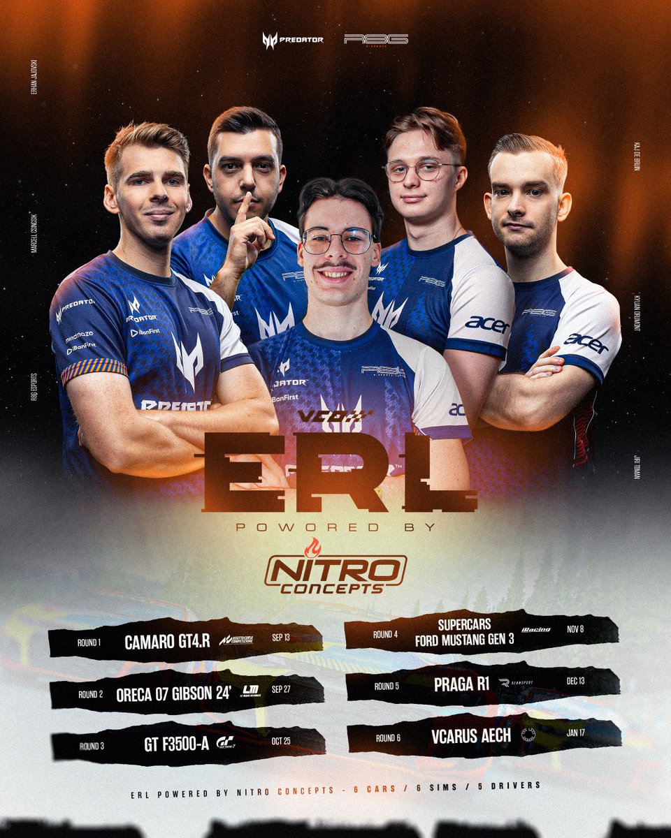 🚨 Esports Racing League is back 🚨
So we are! Sim Racing's Best Teams will compete across 6  Platforms : ACC/LMU/ GT7 /iRacing /The Last Garage
ℹ️ Our 5-racer roster:
🇭🇺 M. Csincsik
🇲🇰 E. Jajovski
🇳🇱 K. de Bruin
🇨🇿 J. Toman
🇫🇷 K.Drumont
#vcoerl #r8gesports #predatorgaming