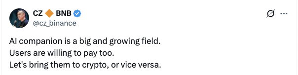 TCR_news_'s tweet image. ⚡️ NEW: @binance  founder @cz_binance  suggests bringing AI companions to crypto, calling it a “big &amp;amp; growing field” where users are willing to pay.