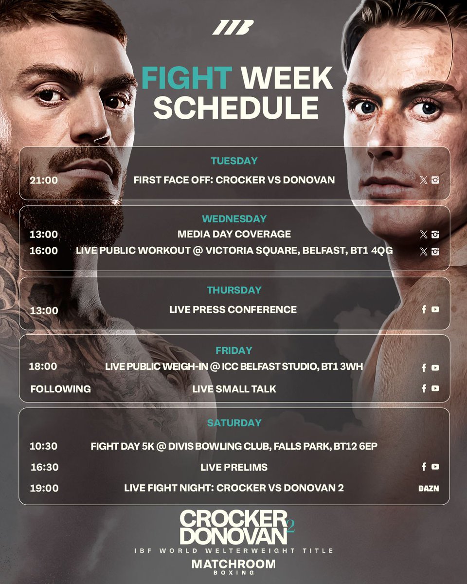 It's Fight Week in Belfast 

It's time to create some Irish boxing history as <a href="/lewiscrocker1/">Lewis Crocker</a> &amp; <a href="/PaddyDonovan23/">Paddy Donovan</a> rematch for the vacant IBF World Welterweight title 

Windsor Park will be absolutely rocking on Saturday night

Who'll be leaving the venue as the new IBF King at 147?