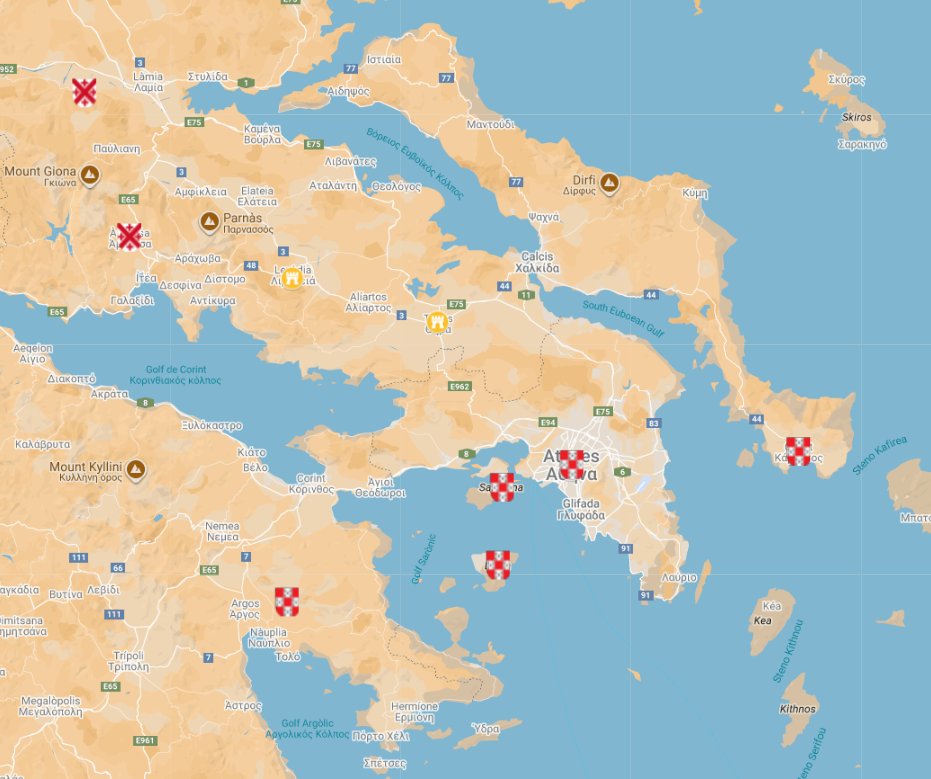 Els Almogàvers van reclamar els ducats d'Atenes i Neopàtria com a part de la corona i els van controlar durant 80 anys.

Altres títols i territoris grecs controlats van ser:
Comtat de Salona
Senyoria de Carist
Senyoria de Piada
Principat d'Egina

mapadecastells.cat