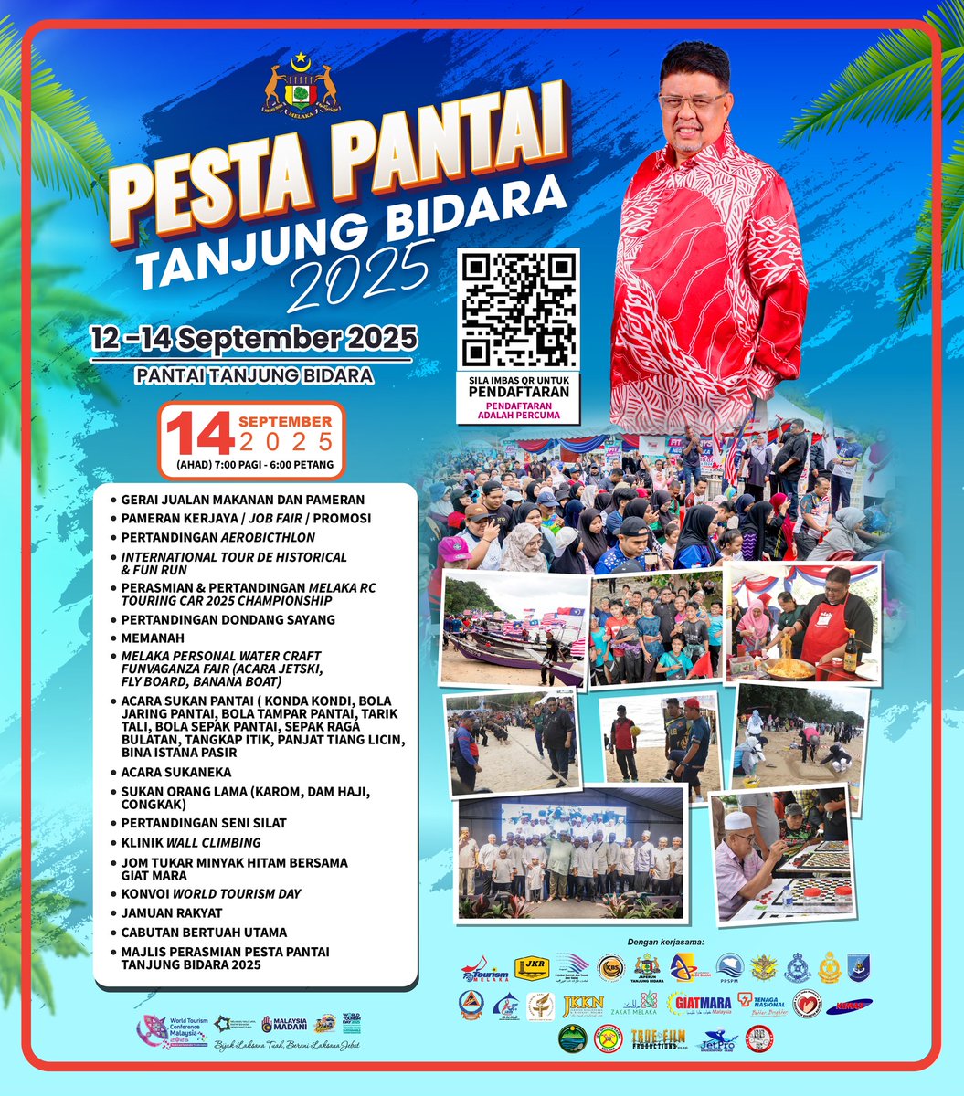 Pesta Pantai Tanjung Bidara 2025 Kembali Lagi! 📷
📷 Tarikh: 12 – 14 September 2025 (Jumaat – Ahad)
📷 Lokasi: Pantai Tanjung Bidara, Masjid Tanah, Melaka
📷 Masa: Bermula jam 9.00 pagi

Jom bawa keluarga dan rakan-rakan, nikmati suasana pantai sambil berhibur dengan aktiviti .