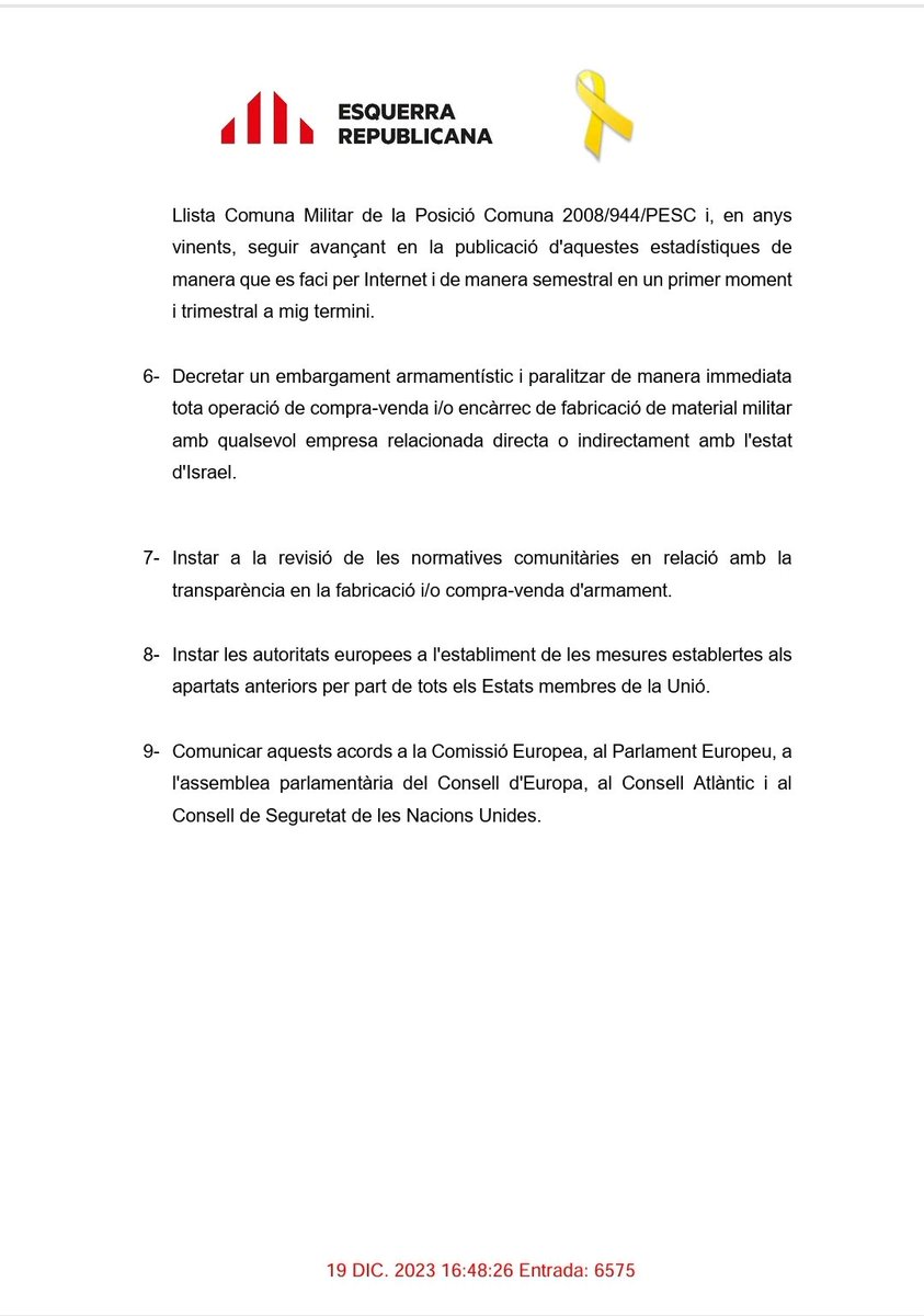 SergiTarres's tweet image. El Grup Republicà, de la mà de @gabrielrufian i @jsalvadorduch al @Congreso_Es ja va demanar un embargament complert d'armes al desembre del 2023. I ho va fer gairebé a contracorrent, com tantes vegades.
Han hagut de passar dos anys d'ignomínia.