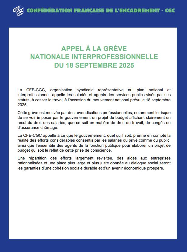 APPEL À LA GRÈVE NATIONALE INTERPROFESSIONNELLE DU 18 SEPTEMBRE 2025 !!