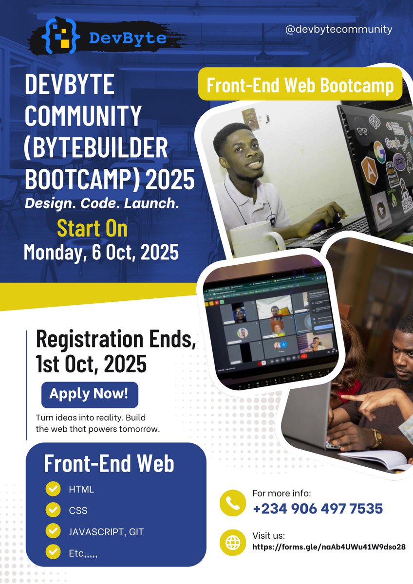Devbytecomunity's tweet image. DevByte is Training the Next Generation of African Tech Talent! 
📢 Now Public: Applications Open!
📄 Curriculum Link: lnkd.in/d8rn-kEB
📝 Application Link: lnkd.in/dSN3X2QW
📝 Community Channel: lnkd.in/dmMQQuzJ
#DevByte #BuildingInPublic #TechForGood