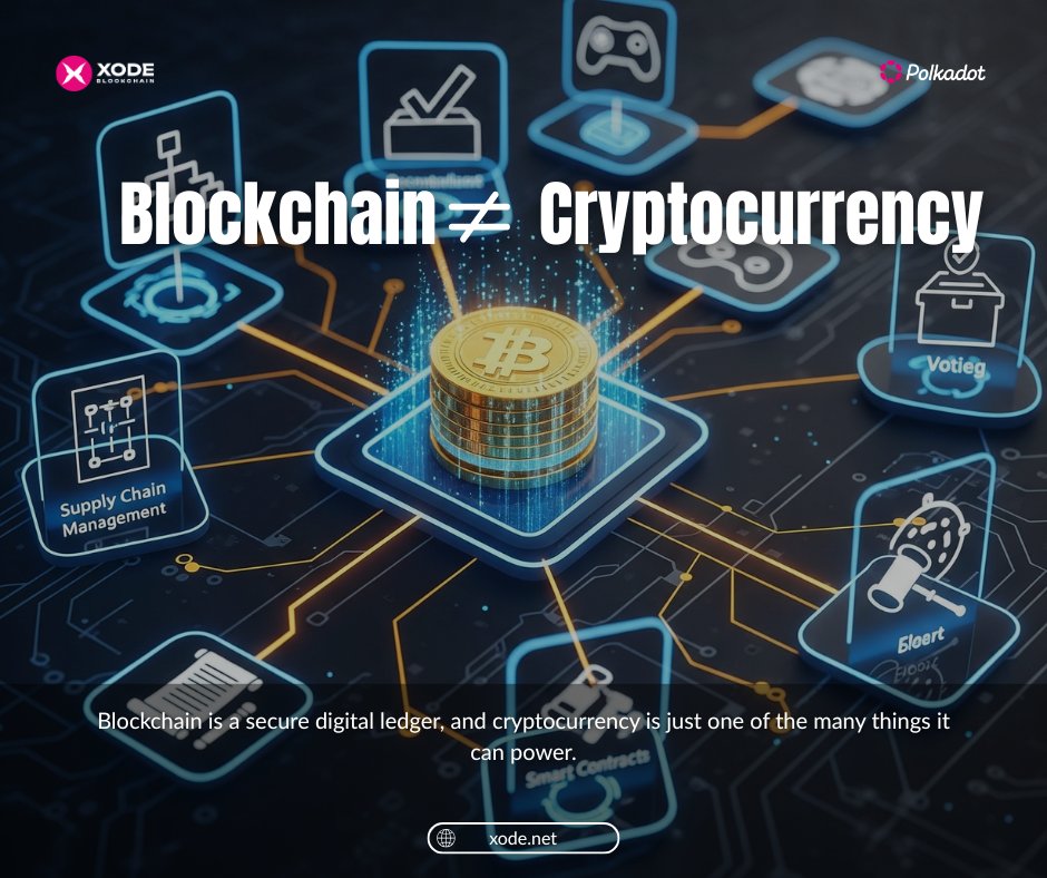 XodeNet's tweet image. 💡 Blockchain ≠ Cryptocurrency

Blockchain is a secure digital ledger, and cryptocurrency is just one of the many things it can power.

#XODEBlockchain #BlockchainEducation #CryptoBasics #BlockchainVsCrypto #Web3Knowledge