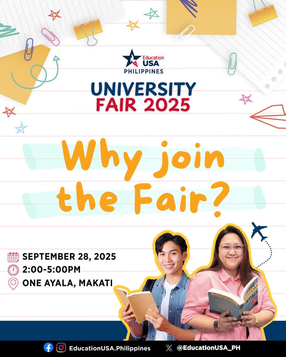 USEmbassyPH's tweet image. Ready to #StudyWithUS? 🌟 Here are some reasons to join the EducationUSA University Fair on September 28!

1️⃣ Meet U.S. university representatives.
2️⃣ Learn about programs, admissions, and scholarships.
3️⃣ Connect with future peers.

📍 Register: educationusa.ph/Fair2025