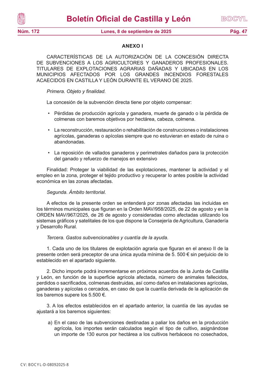 🏛 CONSEJERÍA DE AGRICULTURA, GANADERÍA Y DESARROLLO RURAL

📰 ORDEN AGR/995/2025, de 5 de septiembre, por la que se dispone la concesión directa de subvenciones a los agricultores y ganaderos profesionales titulares de explotaciones agrarias dañada...

📎 bocyl.jcyl.es/boletines/2025…