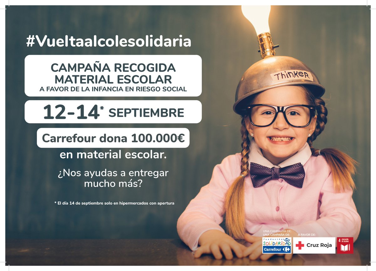 Con esta campaña, impulsada por #FundaciónSolidaridadCarrefour y <a href="/CruzRojaEsp/">Cruz Roja Española</a>, promovemos la entrega de material escolar a favor de miles de familias que pasan una situación de dificultad. Estaremos este fin de semana en <a href="/CarrefourES/">Carrefour España</a> Ciudad de la Imagen (Pozuelo de Alarcón)