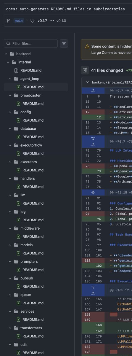 yetone's tweet image. 我们现在第一步实践是：写了个 GitHub Workflow 来驱使 LLM 自动给所有有代码变动的 subdirectories 写 README.md 并提交到 code repo