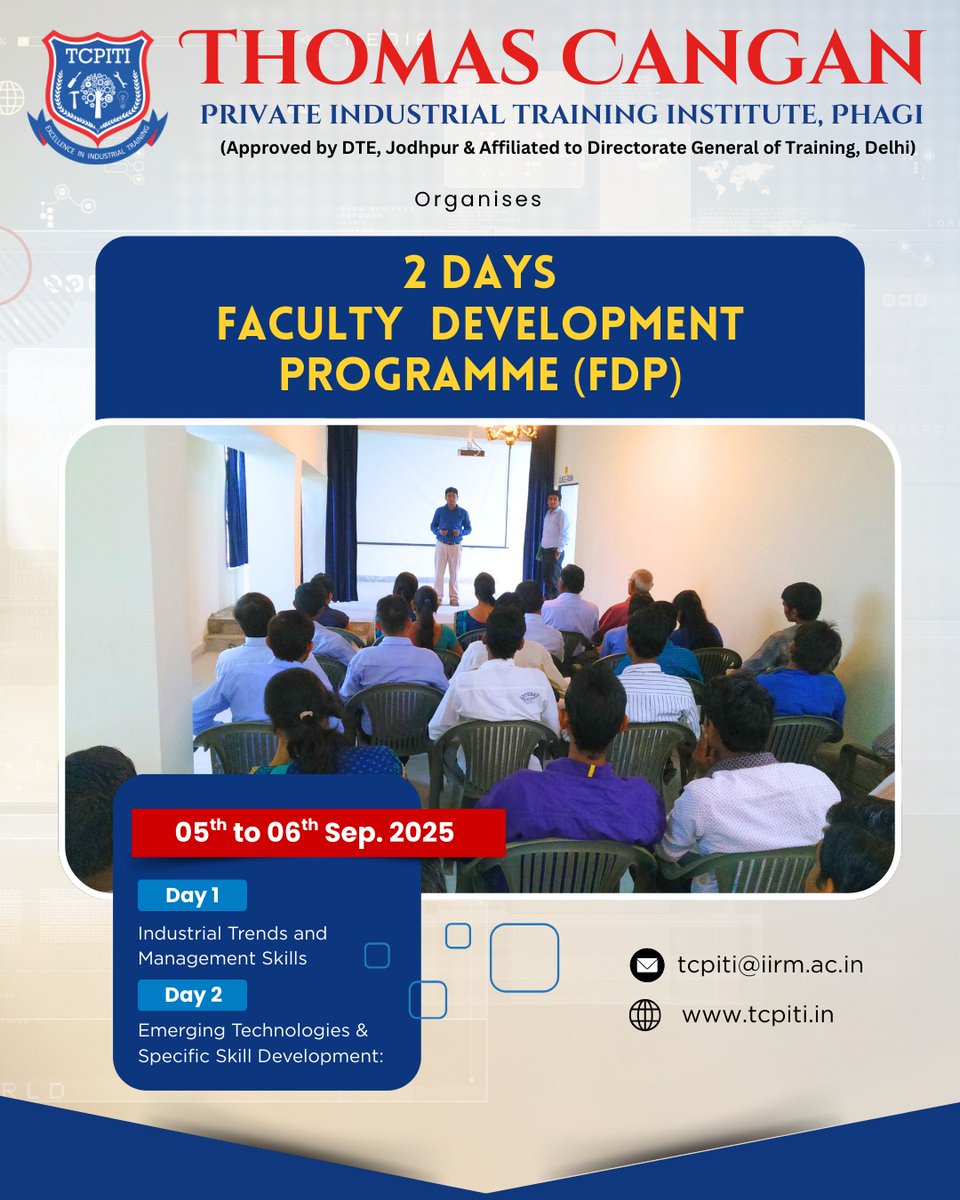 tcpiti_phagi's tweet image. A successful Faculty Development Programme at Thomas Cangan Pvt. ITI, Phagi — 2 days of learning, growth & innovation!
With engaging sessions on Industrial Trends, Management Skills, Emerging Technologies, and Skill Development.
#TCPITI #FDP #FacultyDevelopmentProgram